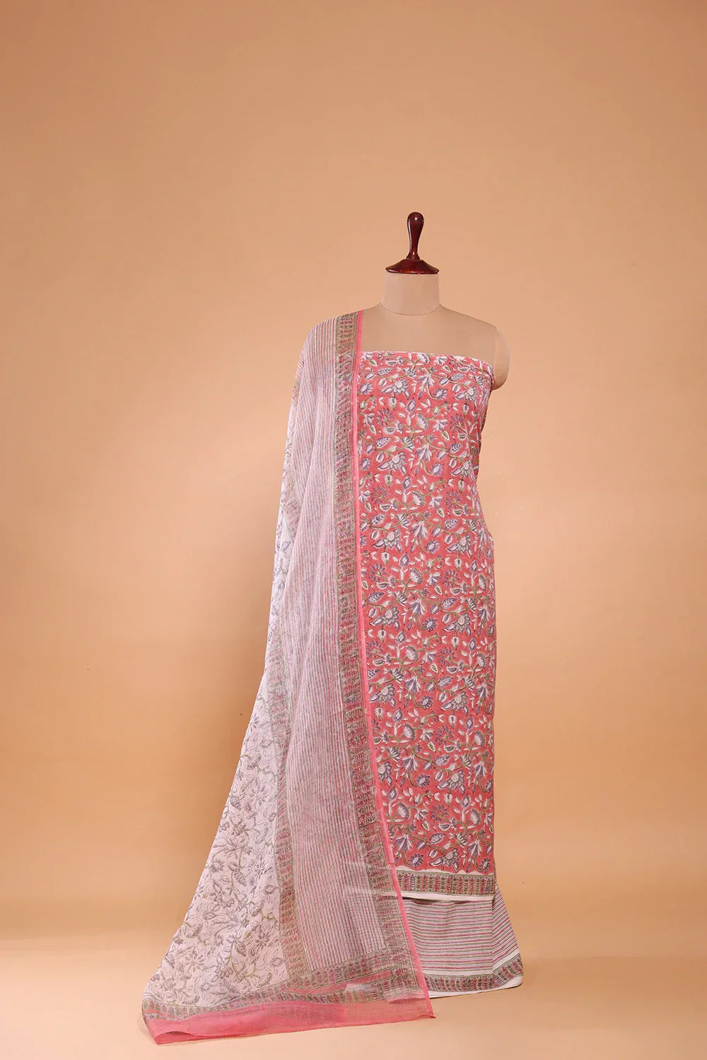 Salmon and Frost Pink Cotton Hand Block Printed Suit Set With Dupatta | SHOBITAM