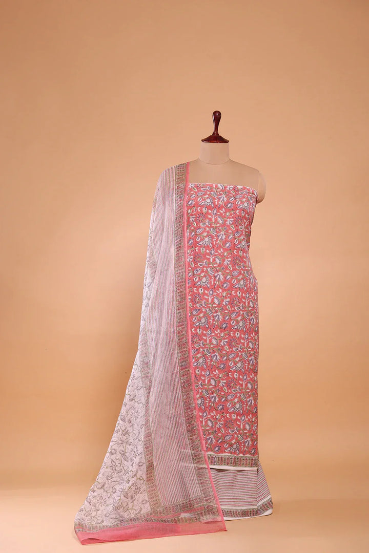 Salmon and Frost Pink Cotton Hand Block Printed Suit Set With Dupatta | SHOBITAM