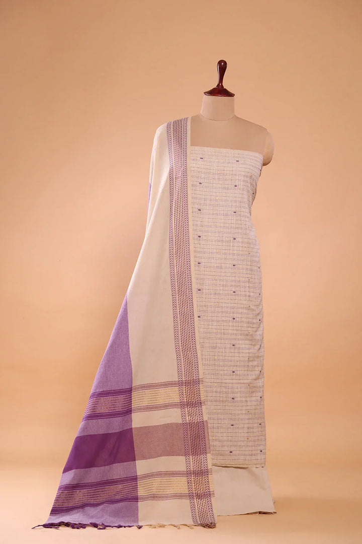 Beige and Purple Woven Suit Set with Subtle Buti & Zari Dupatta | SHOBITAM