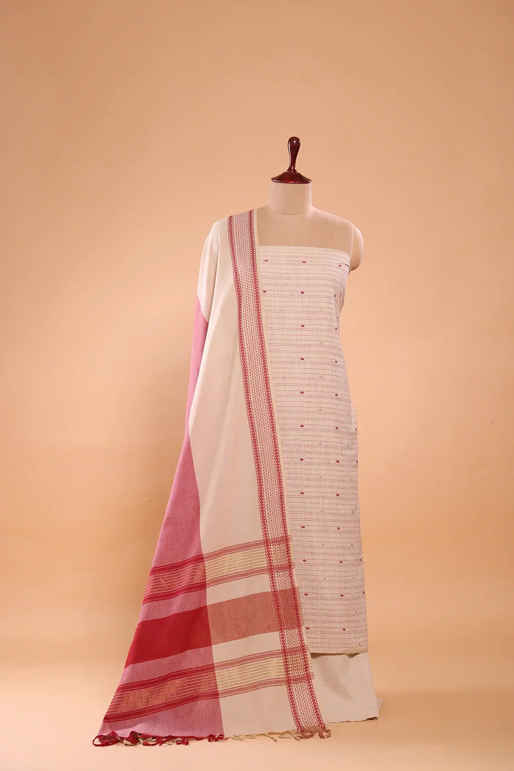 Beige and Pink Woven Suit Set with Subtle Buti & Zari Dupatta | SHOBITAM