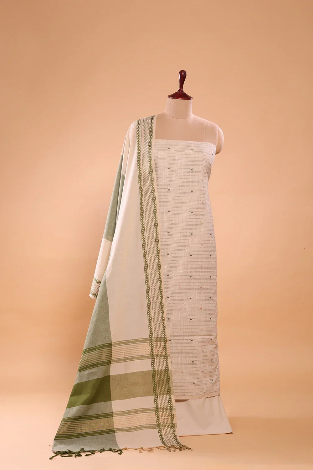Beige and Green Woven Suit Set with Subtle Buti & Zari Dupatta | SHOBITAM