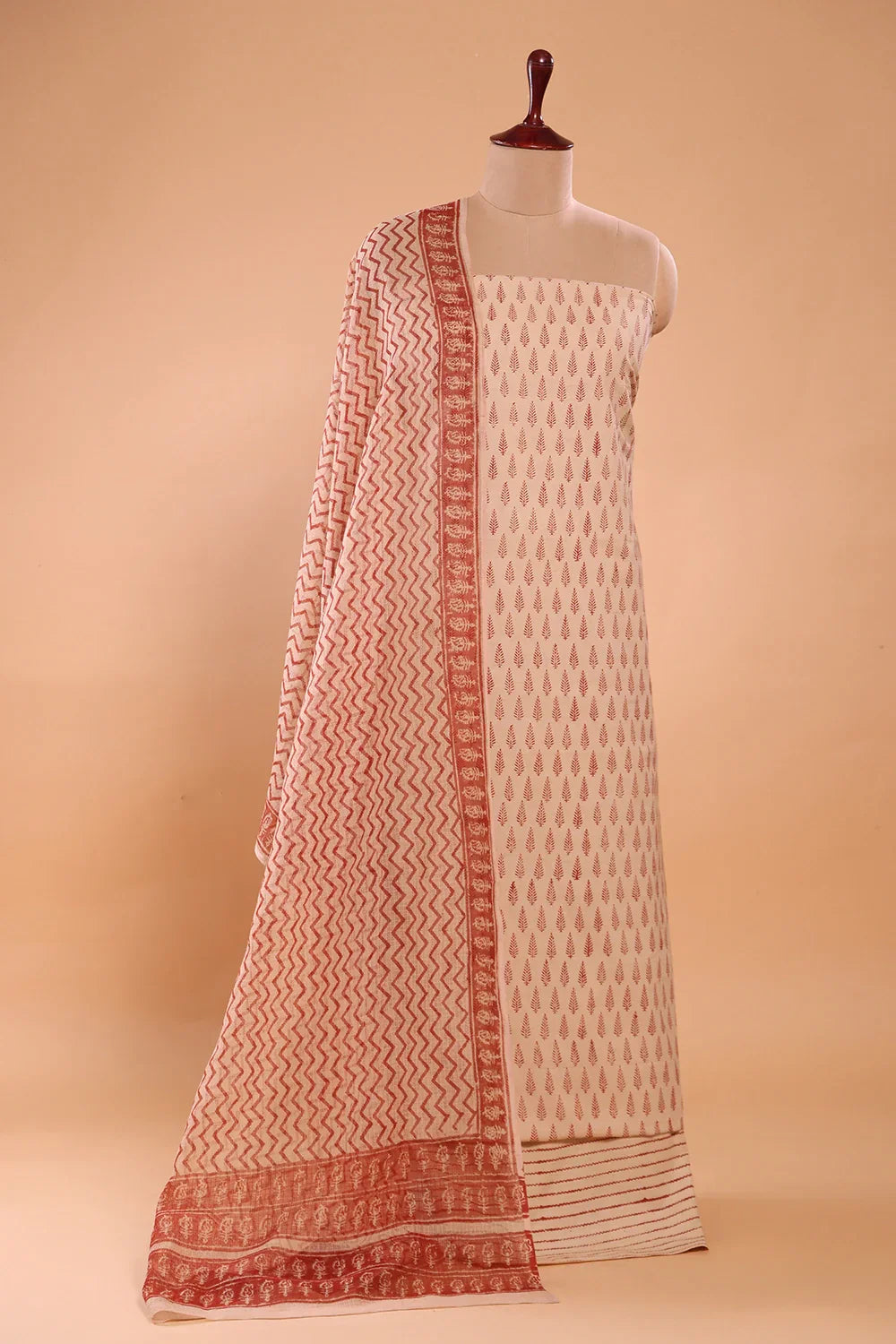 Beige and Maroon Hand Block Print Suit Set With Dupatta | SHOBITAM