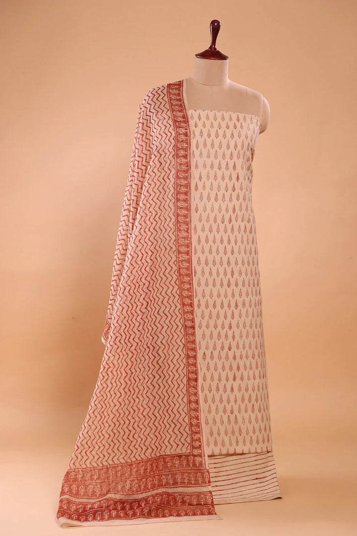 Beige and Maroon Hand Block Print Suit Set With Dupatta | SHOBITAM