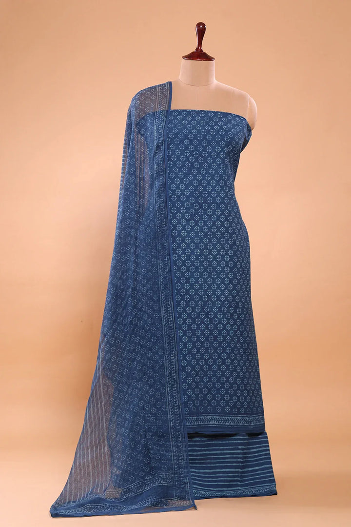 Blue Polka Hand Block Print Suit Set With Dupatta | SHOBITAM