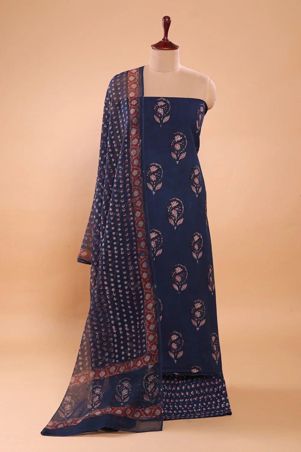Indigo Hand Block Print Suit Set With Dupatta | SHOBITAM