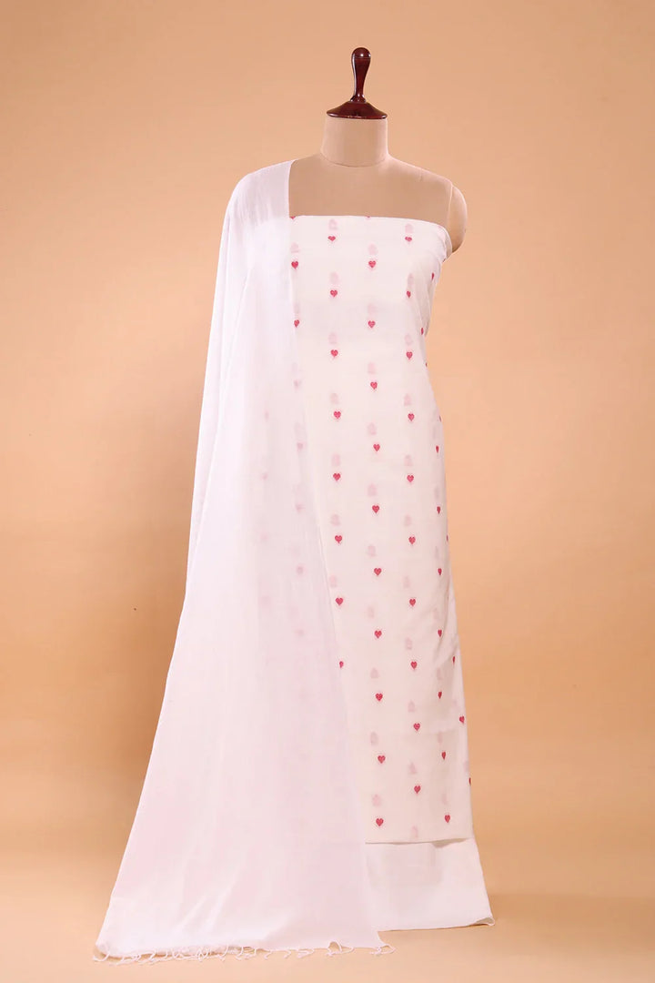White and Red Heart Woven Cotton Suit Set With Dupatta | SHOBITAM