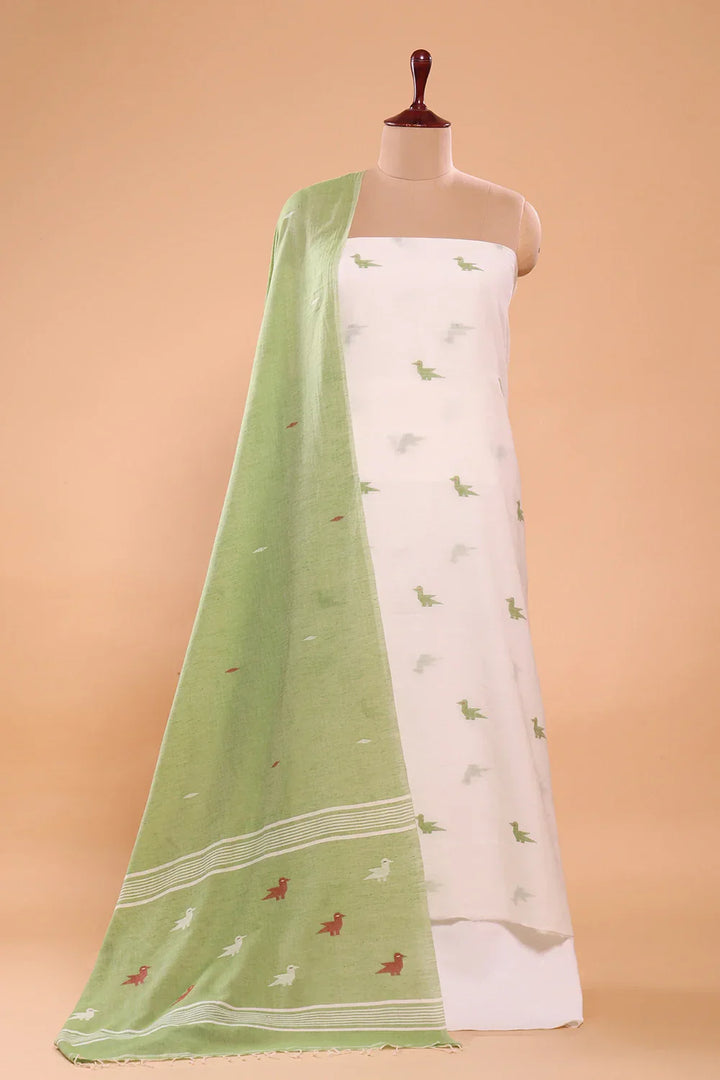 Ivory & Sage Green Bird Motif Jamdani Suit Set with Dupatta | SHOBITAM