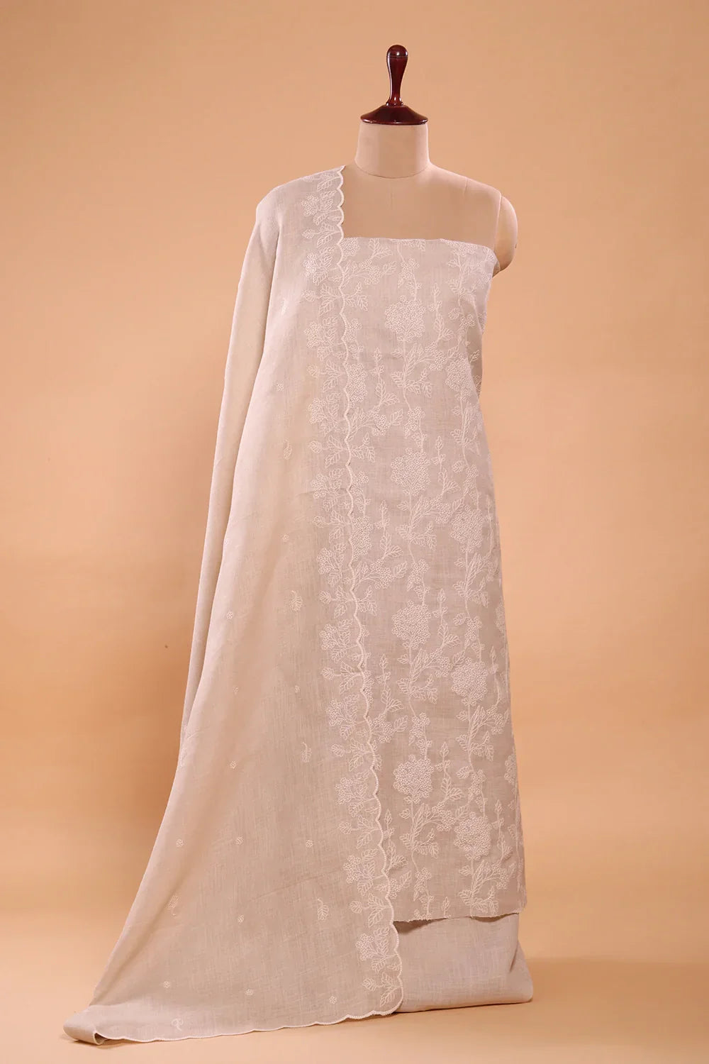 Beige Linen Embriodered Suit Set With Dupatta | SHOBITAM