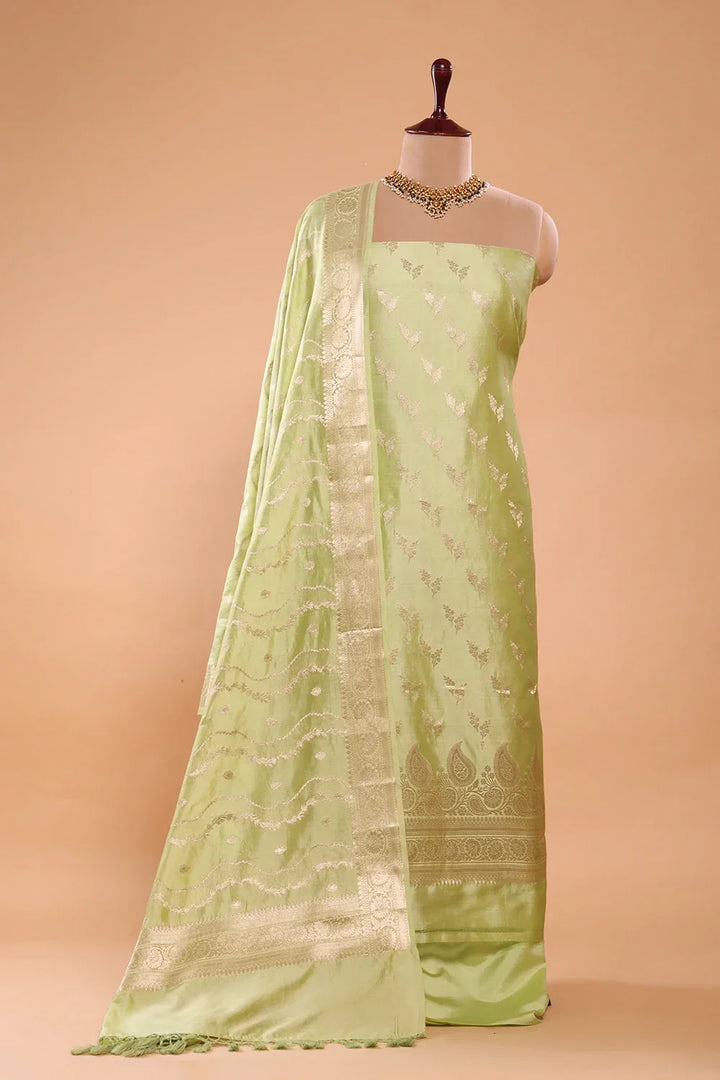 Handloom Pure Silk Pista Green Suit Set WIth Dupatta | SHOBITAM