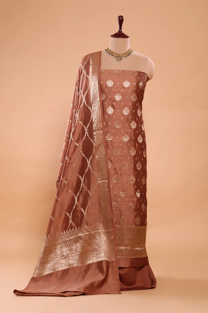 Handloom Pure Silk Mocha Brown Suit Set WIth Dupatta | SHOBITAM