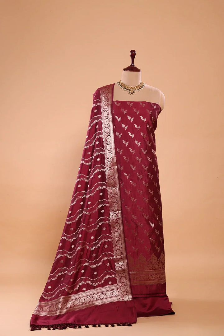 Handloom Wine Pure Silk Banarsai Kurta Set With Dupatta | SHOBITAM