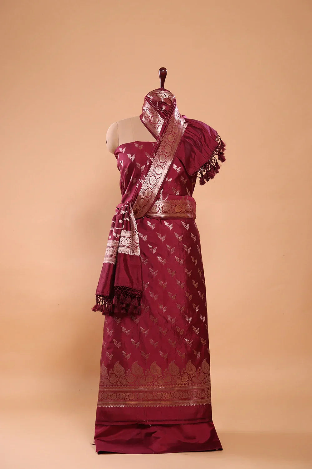 Handloom Wine Pure Silk Banarsai Kurta Set With Dupatta | SHOBITAM