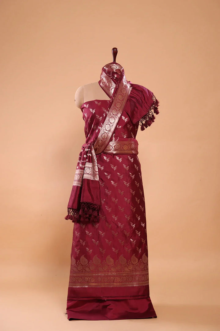 Handloom Wine Pure Silk Banarsai Kurta Set With Dupatta | SHOBITAM