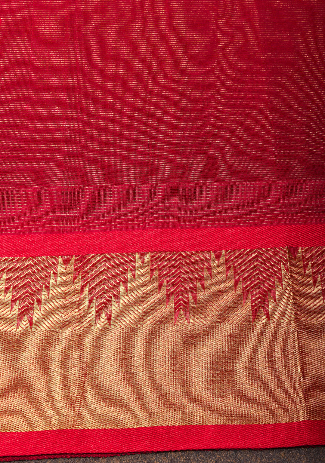 Kanchi Silk Cotton in Green and Red with Zari buttas and Temple Border
