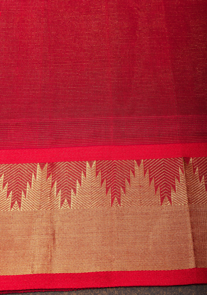Kanchi Silk Cotton in Green and Red with Zari buttas and Temple Border