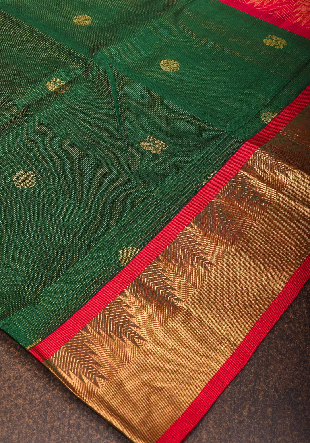 Kanchi Silk Cotton in Green and Red with Zari buttas and Temple Border