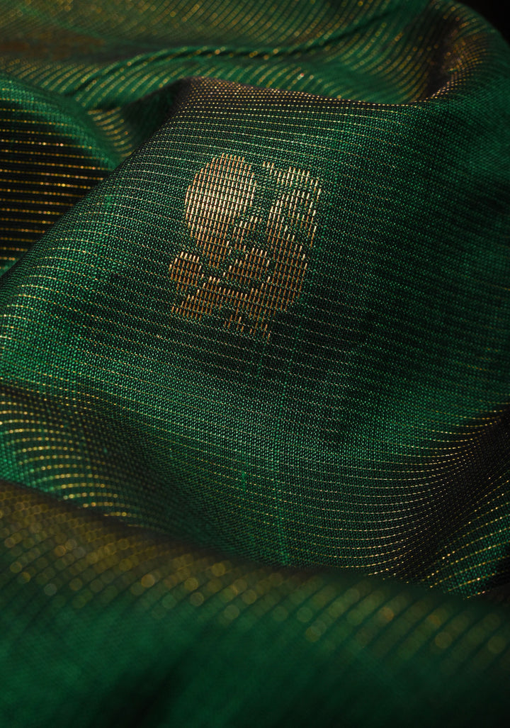 Kanchi Silk Cotton in Green and Red with Zari buttas and Temple Border