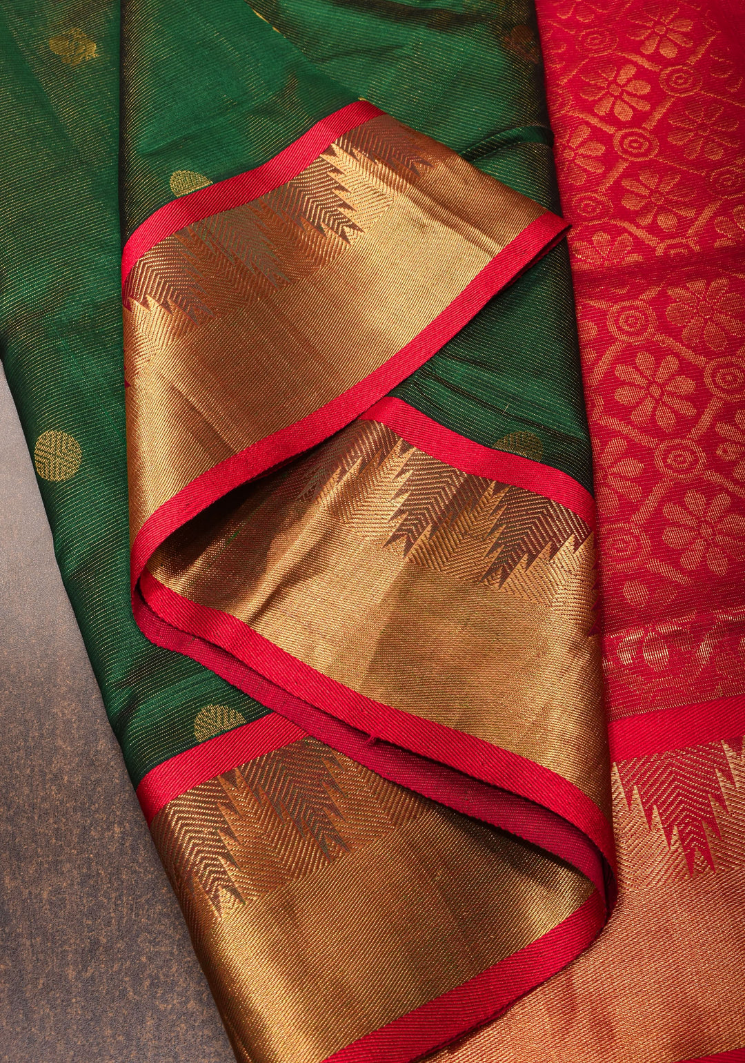 Kanchi Silk Cotton in Green and Red with Zari buttas and Temple Border