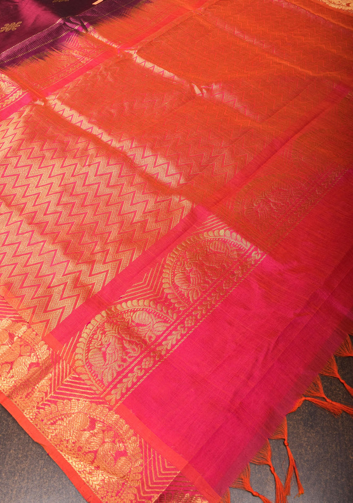Kanchi Silk Cotton in Burgundy with Rangoli buttas and Zari border