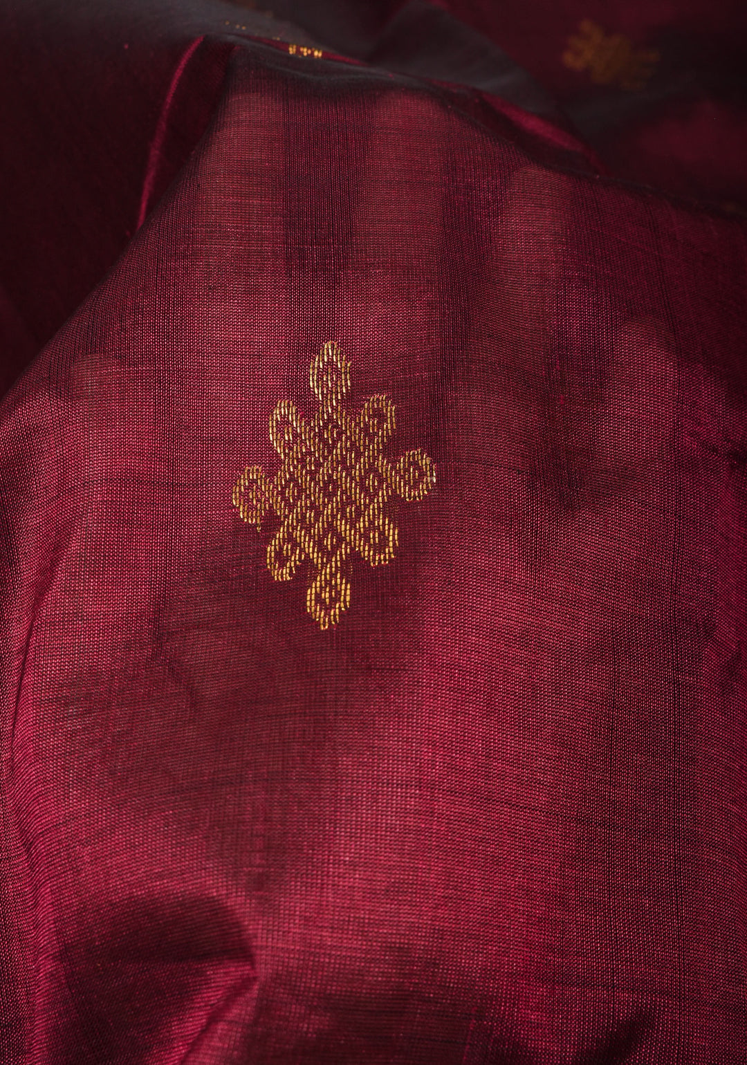 Kanchi Silk Cotton in Burgundy with Rangoli buttas and Zari border