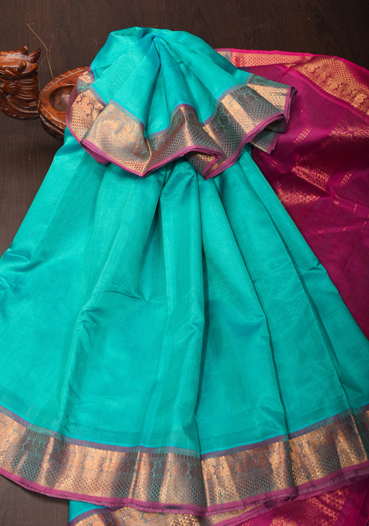 Authentic Kanchi Cotton Handwoven Saree in Cyan with Zari Border No Blouse Piece