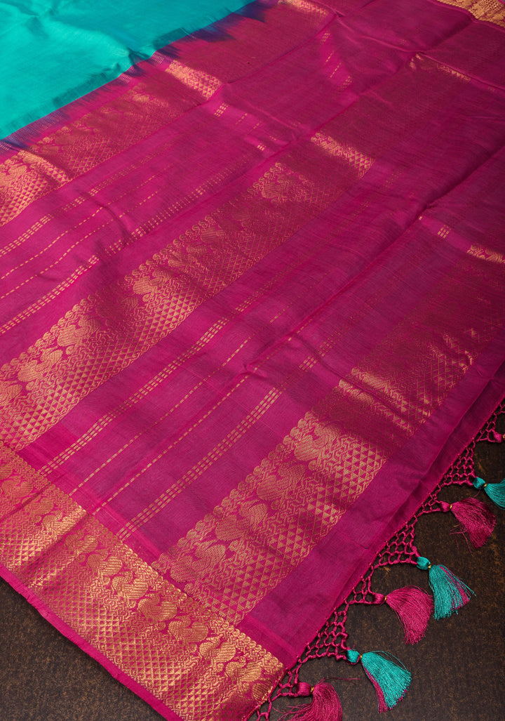 Authentic Kanchi Cotton Handwoven Saree in Cyan with Zari Border No Blouse Piece