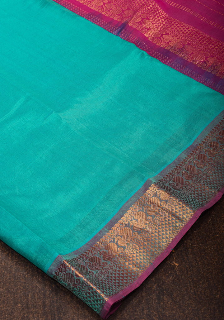 Authentic Kanchi Cotton Handwoven Saree in Cyan with Zari Border No Blouse Piece