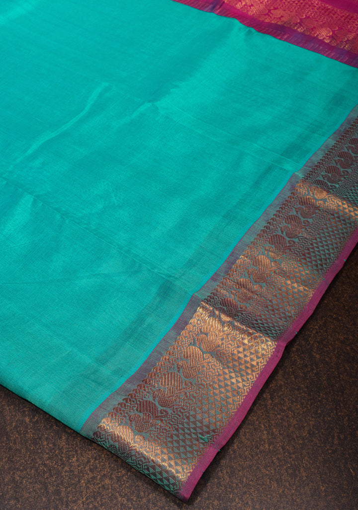 Authentic Kanchi Cotton Handwoven Saree in Cyan with Zari Border No Blouse Piece
