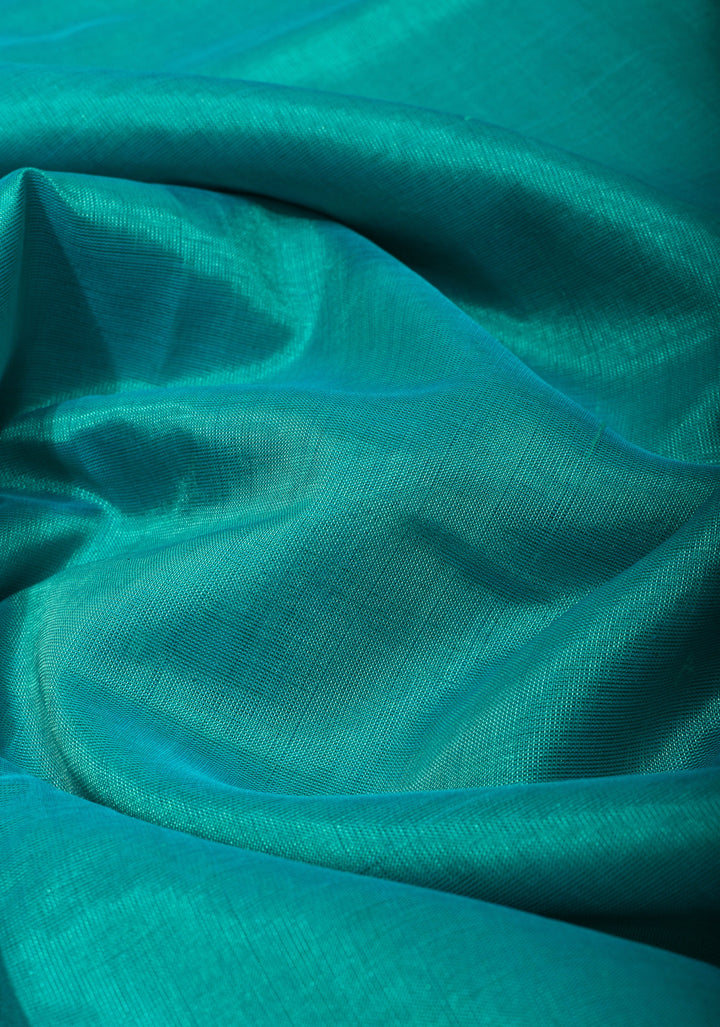 Authentic Kanchi Cotton Handwoven Saree in Cyan with Zari Border No Blouse Piece