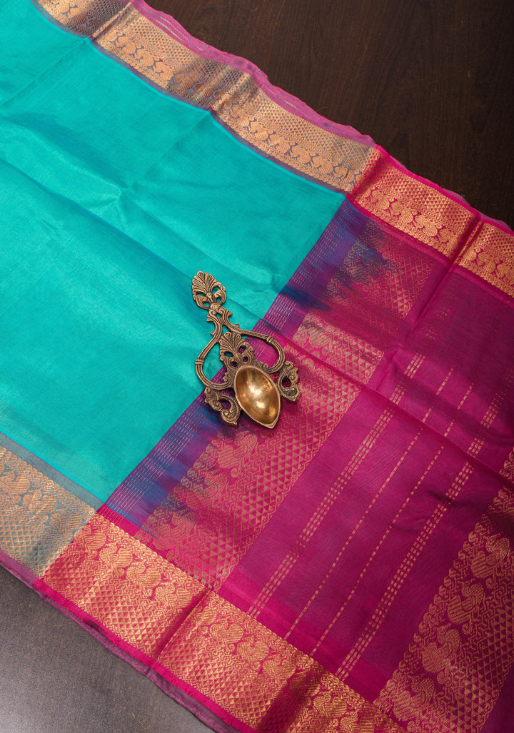 Authentic Kanchi Cotton Handwoven Saree in Cyan with Zari Border No Blouse Piece