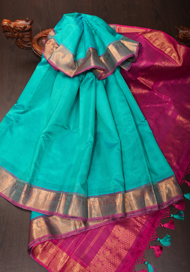 Authentic Kanchi Cotton Handwoven Saree in Cyan with Zari Border No Blouse Piece