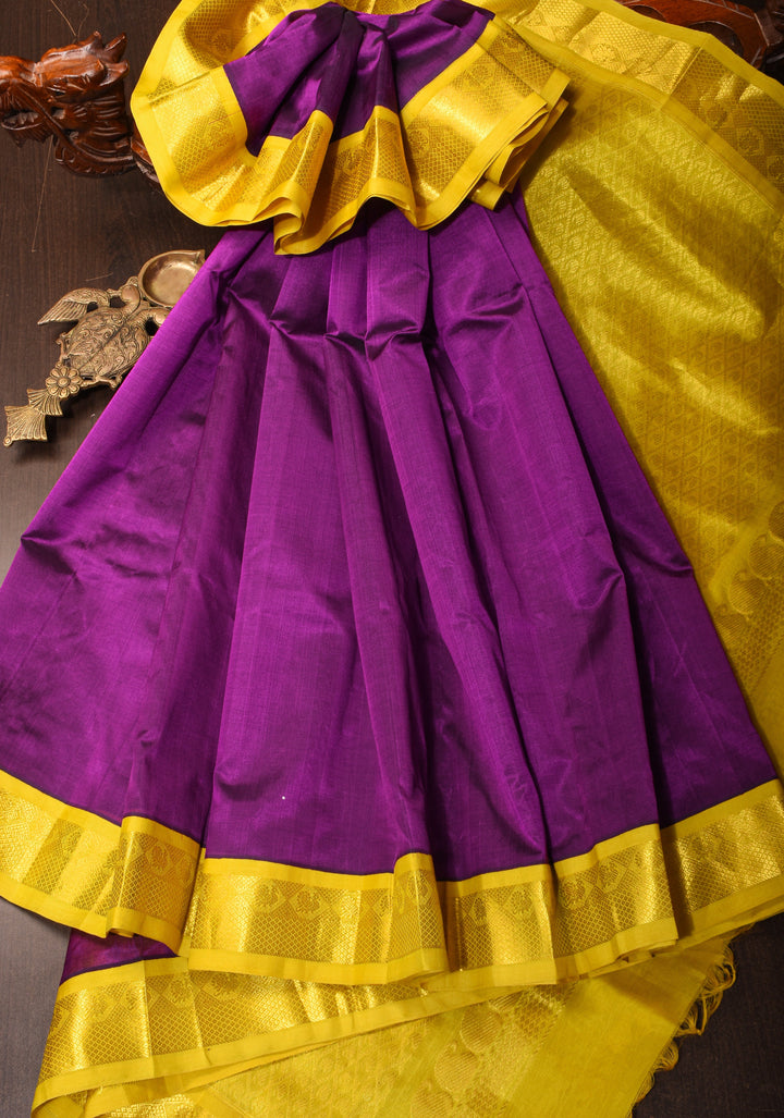 Warm Purple Kanchi Silk Cotton Saree with Golden Zari Border and Rich Pallu
