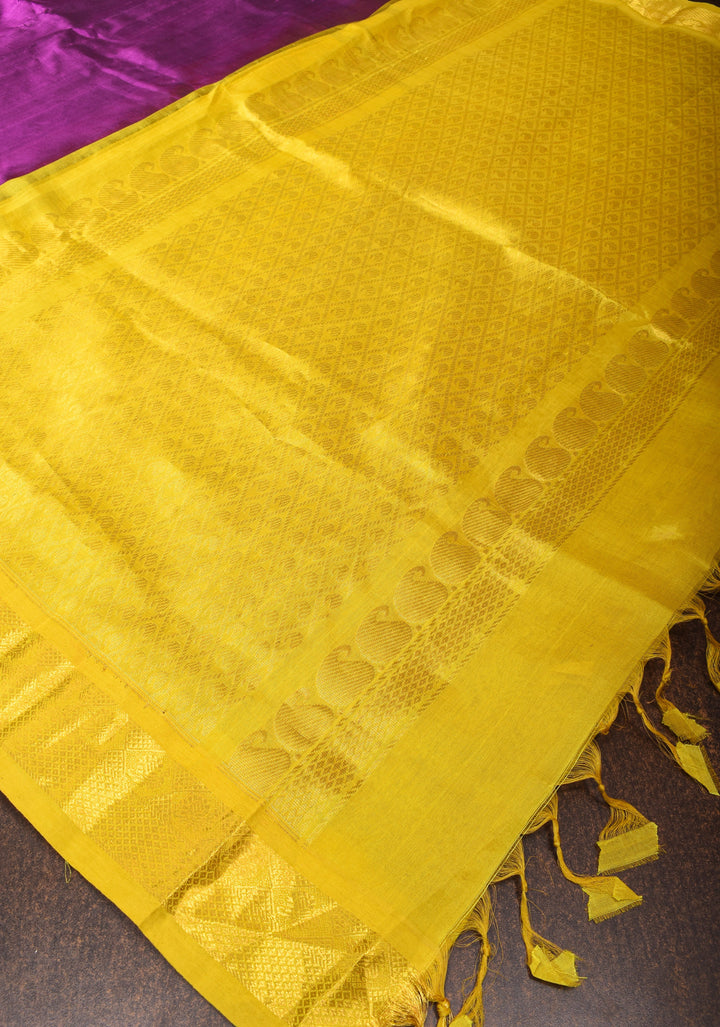 Warm Purple Kanchi Silk Cotton Saree with Golden Zari Border and Rich Pallu