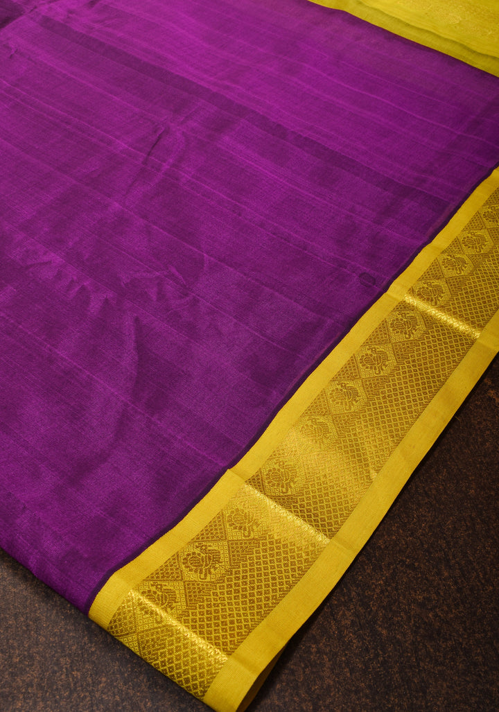 Warm Purple Kanchi Silk Cotton Saree with Golden Zari Border and Rich Pallu