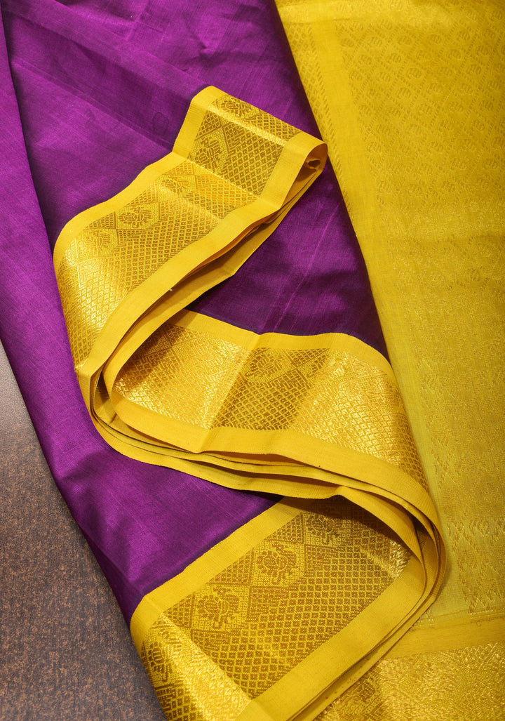 Warm Purple Kanchi Silk Cotton Saree with Golden Zari Border and Rich Pallu
