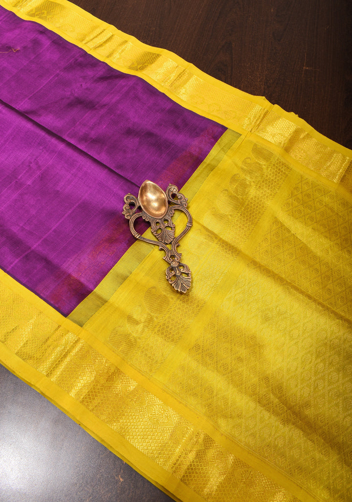 Warm Purple Kanchi Silk Cotton Saree with Golden Zari Border and Rich Pallu