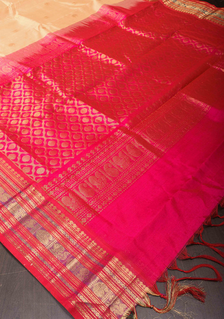 Korvai Kanchi Silk Cotton Saree in Beige With Muted Zari Buttas and Contrast Border