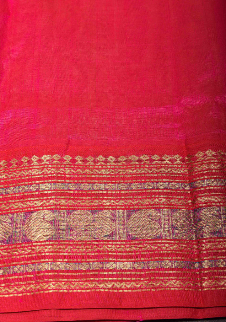 Korvai Kanchi Silk Cotton Saree in Beige With Muted Zari Buttas and Contrast Border