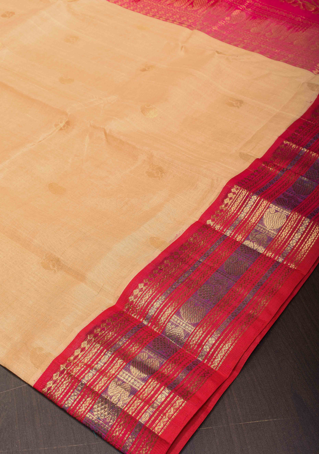 Korvai Kanchi Silk Cotton Saree in Beige With Muted Zari Buttas and Contrast Border