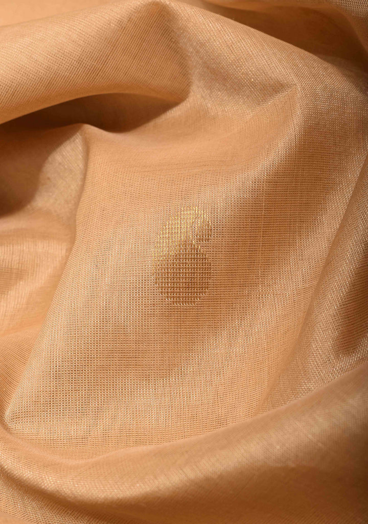 Korvai Kanchi Silk Cotton Saree in Beige With Muted Zari Buttas and Contrast Border