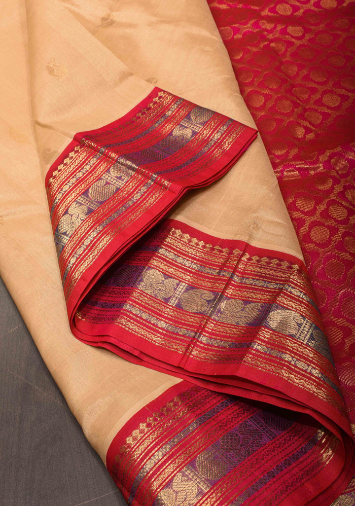 Korvai Kanchi Silk Cotton Saree in Beige With Muted Zari Buttas and Contrast Border