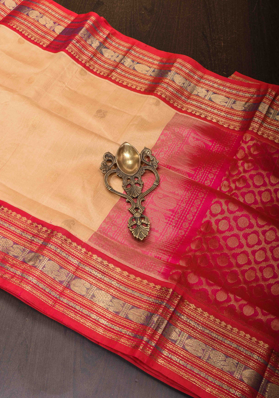 Korvai Kanchi Silk Cotton Saree in Beige With Muted Zari Buttas and Contrast Border