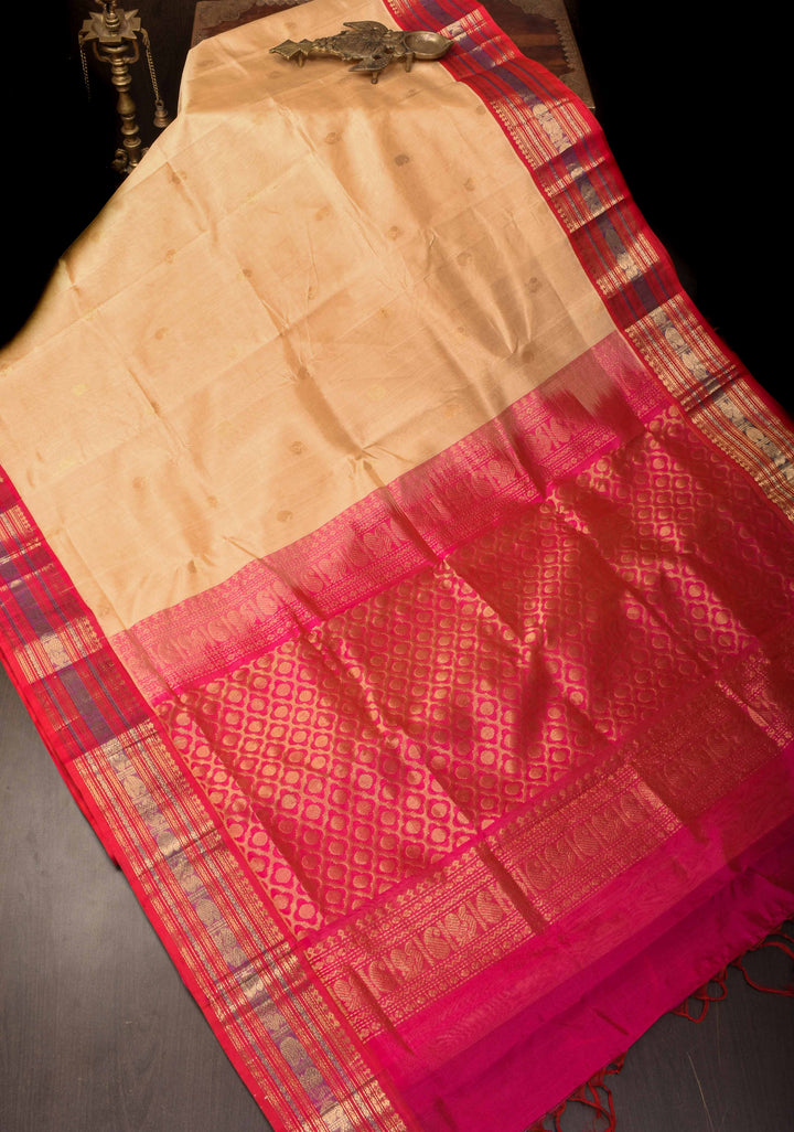 Korvai Kanchi Silk Cotton Saree in Beige With Muted Zari Buttas and Contrast Border