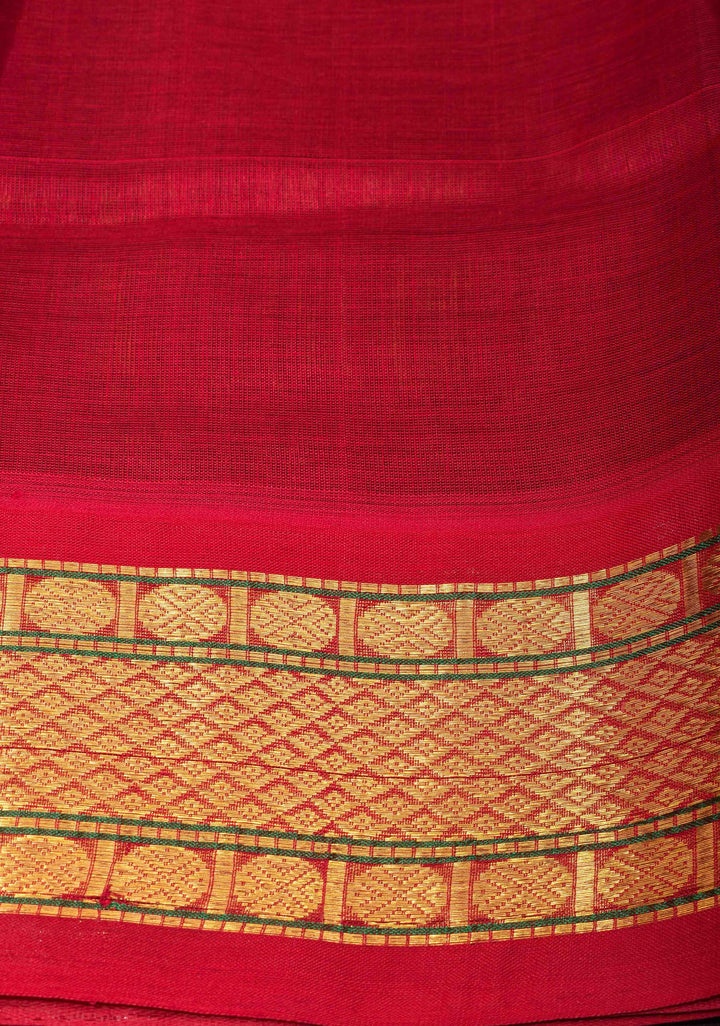 HoneyBrown Kanchi Silk Cotton Pre Drape Saree with Podi Kattam and Contrast Zari Borders