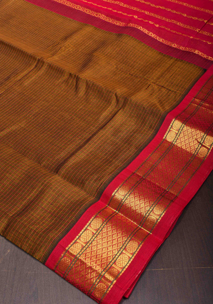 HoneyBrown Kanchi Silk Cotton Pre Drape Saree with Podi Kattam and Contrast Zari Borders
