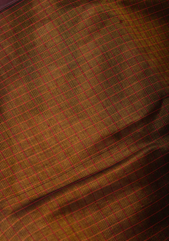 HoneyBrown Kanchi Silk Cotton Pre Drape Saree with Podi Kattam and Contrast Zari Borders