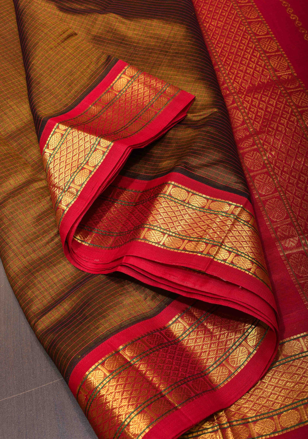 HoneyBrown Kanchi Silk Cotton Pre Drape Saree with Podi Kattam and Contrast Zari Borders