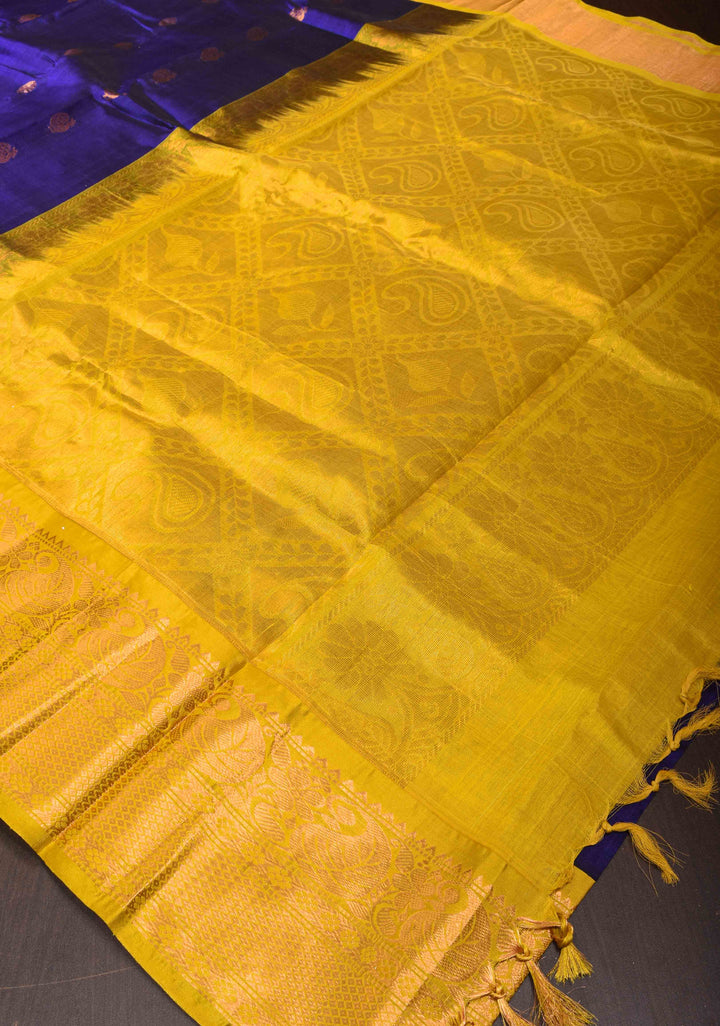 Deep Blue Kanchi Silk Cotton Saree with Peacock Buttas and Contrast Wide Zari Border