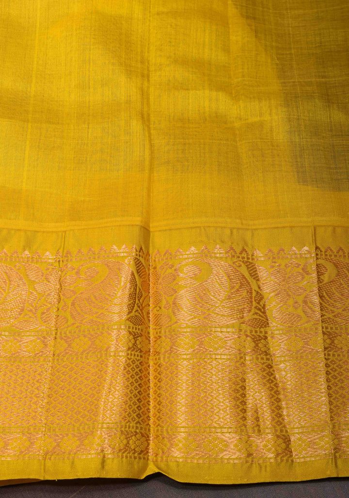 Deep Blue Kanchi Silk Cotton Saree with Peacock Buttas and Contrast Wide Zari Border