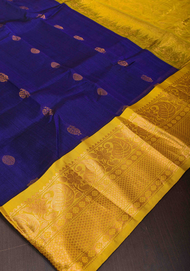 Deep Blue Kanchi Silk Cotton Saree with Peacock Buttas and Contrast Wide Zari Border